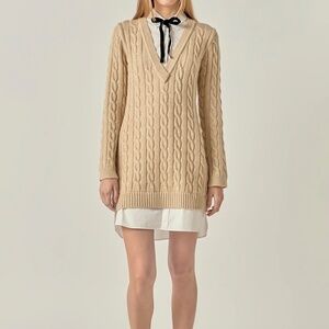 English Factory Cable Knit V-Neck Sweater Dress